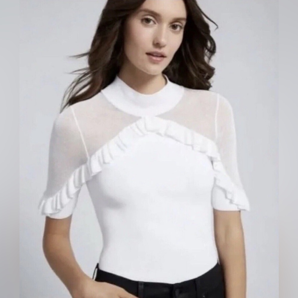 nwt alice + olivia chiara white ruffled top sheer short sleeve